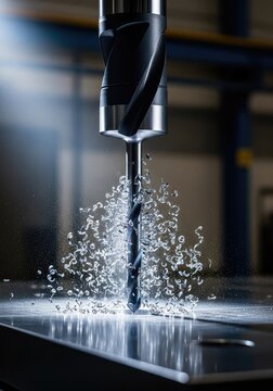 Sharp metal drill bit boring a precise hole through thick steel, producing metallic chips and fine dust in a loud factory setting, grit, silver, hardware