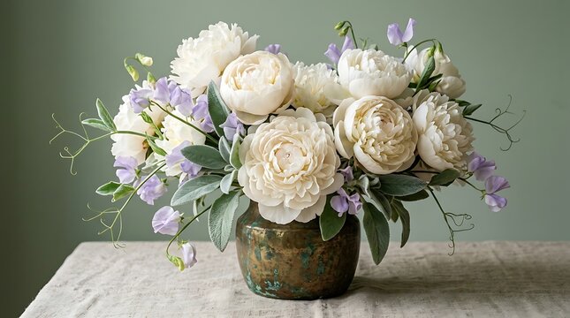 Elegant bouquet of white peonies and light purple sweet peas in rustic antique bronze vase on linen fabric surface for spring interior decoration and floral photography concepts