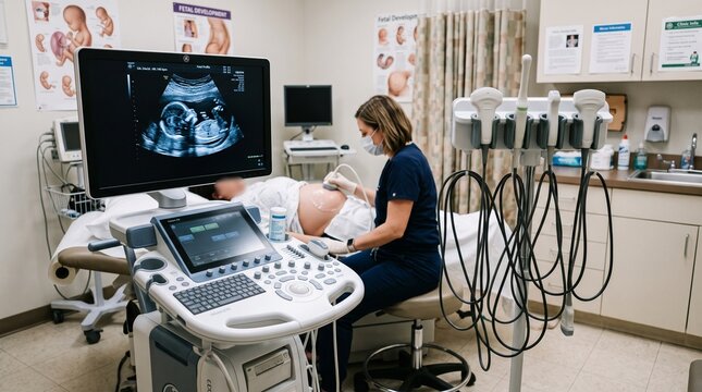 Pregnant woman undergoing ultrasound examination with sonographer in a medical clinic.