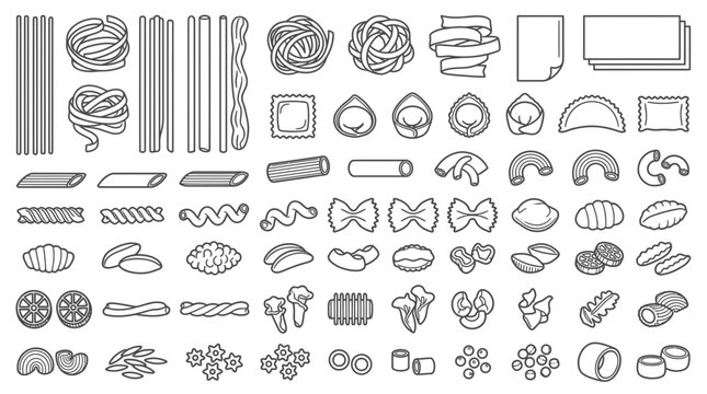 Collection of various types of pasta and noodles in a simple line drawing style.
