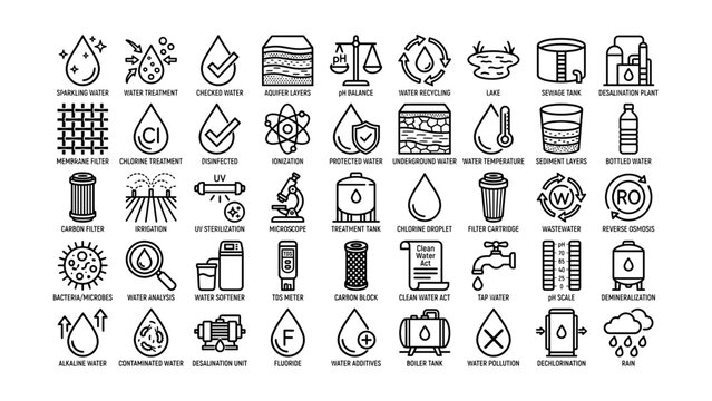 Collection of water treatment and purification process icons with transparent background