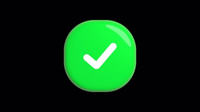 Volumetric animated green approval badge on transparent alpha channel
