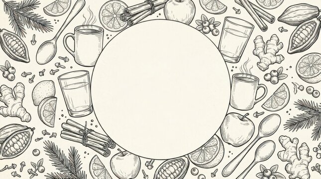 Hand Drawn Winter Spice and Beverage Doodle Pattern Frame with Blank Copy Space