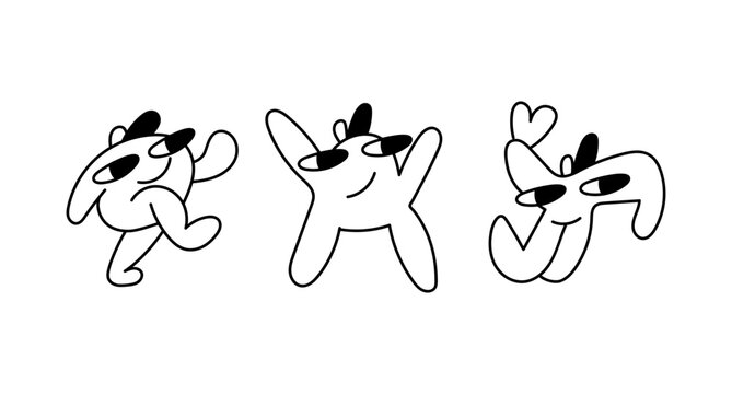 Abstract funny dancing characters in playful black and white hand drawn line art style.