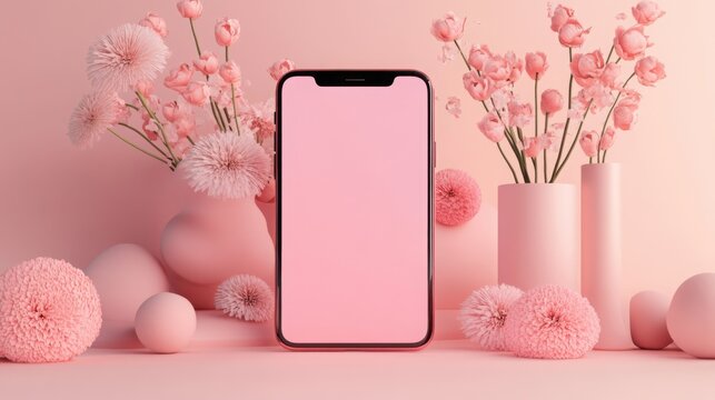 Trendy pink phone mockup with UX/UI elements creatively spilling out in a stylish soft tint environment, showcasing digital shopping features and contemporary design
