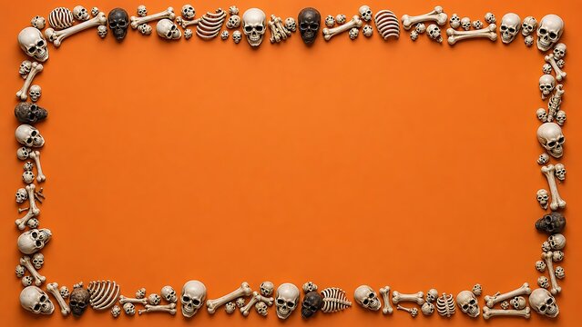 A rectangular frame made of small plastic skulls and bones arranged on a vibrant orange background for halloween holiday design