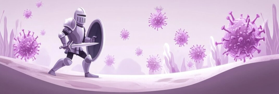 A brave knight clad in metal armor wielding a sword and shield engages in combat with menacing bacteria and viruses, showcasing an epic struggle.