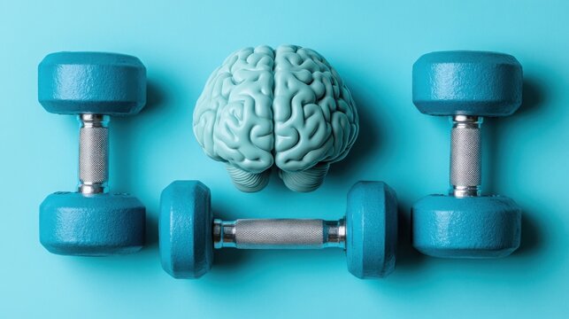 A vivid brain hovers over a set of dumbbells, representing the integration of mental fitness and physical exercise, showcasing creativity and health.