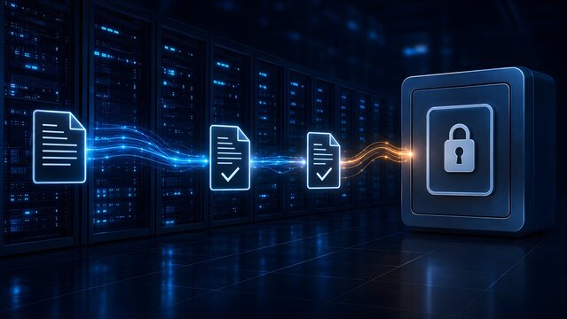 Glowing digital document icons flowing through a modern server room into a secure encrypted vault representing safe data transfer and cloud backup archiving.