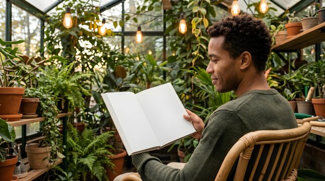Young man reading a blank open book inside a cozy botanical greenhouse