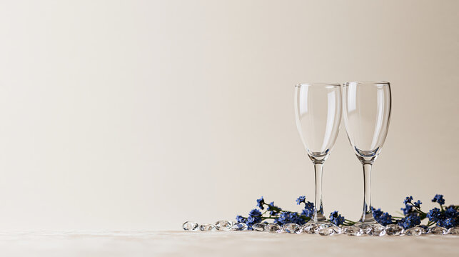 Minimalist celebration still life with two clear stemmed glasses, blue flower and crystal decoration against neutral background
