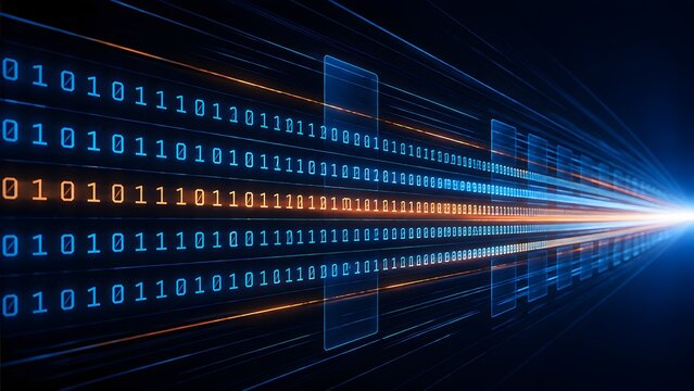 High speed binary code data streams moving rapidly across an abstract futuristic digital network representing broadband internet telecommunications and advanced computing.