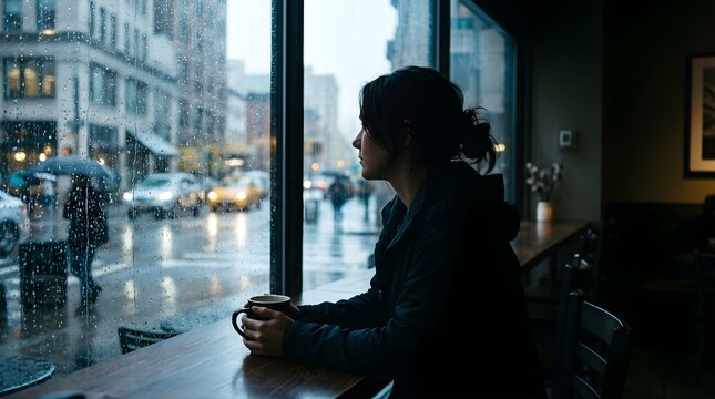 Young woman looking out a rainy cafe window holding a warm coffee cup
