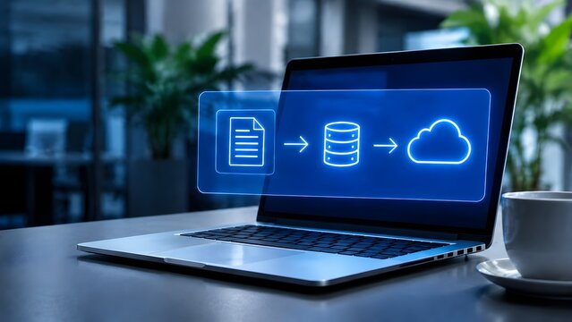 Modern laptop computer displaying a glowing digital hologram of document data transfer to cloud storage and secure server database migration.