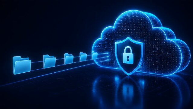 Glowing digital cloud with a security shield and padlock receiving a stream of document folders representing secure data backup and cloud storage migration.