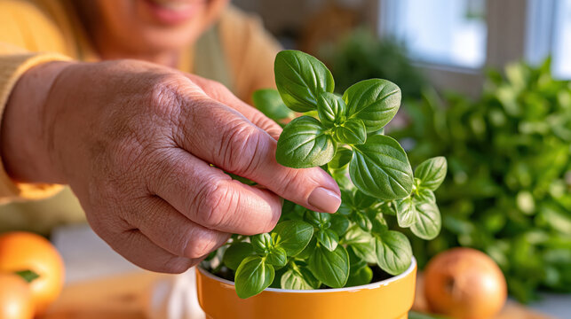 Older adult hand tending indoor herb beside sunny kitchen window, expressing care for home gardening and healthy plant growth