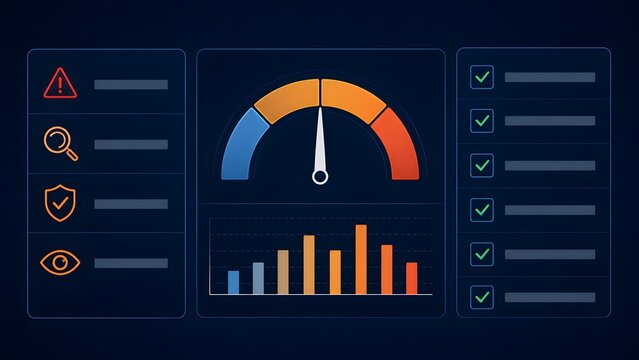 Modern digital dashboard interface displaying performance metrics analytics gauge chart security monitoring alerts and automated system compliance checklist.