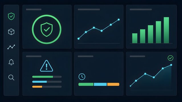 Corporate cybersecurity monitoring dashboard interface showing threat detection warning alerts financial growth charts and secure network protection status.