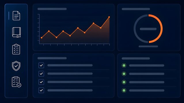 Corporate business analytics dashboard interface displaying regulatory compliance checklists document management workflow and financial performance data graphs.