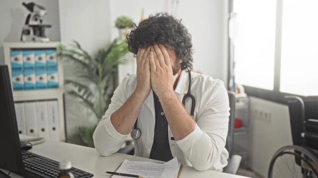 Man with stethoscope covers face with hands at a cluttered desk with papers and computer near a wheelchair in a building clinic; fatigue burnout strain.