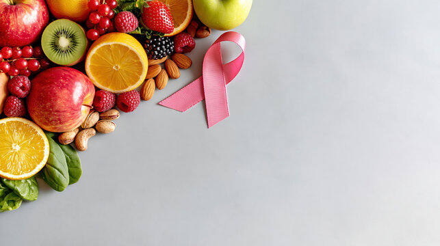 Pink awareness ribbon beside colorful fruit and nut assortment on light background, promoting health, nutrition, and supportive care