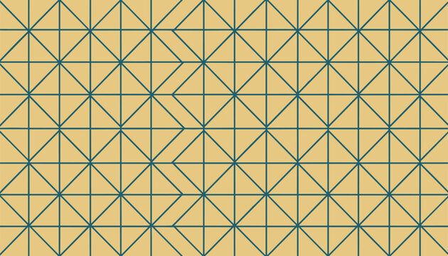 Abstract geometric seamless pattern with interlocking blue lines forming square and triangle shapes on a gold background.