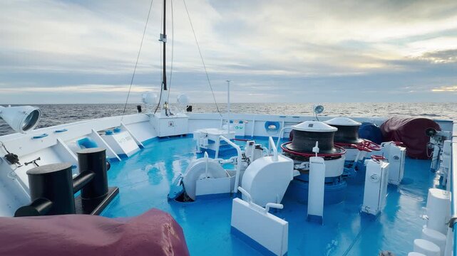 A cruise ship bow sails smoothly across Lake Ladoga under a cloudy sky. Winches and equipment rest on the blue deck as waves stretch to the horizon. The quiet journey evokes calm and peaceful feelings