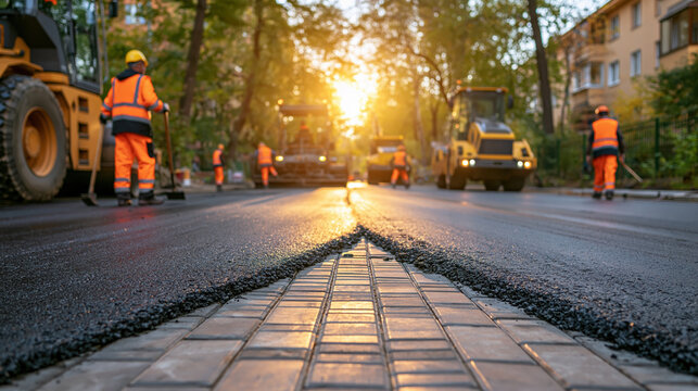 Road construction worker paving fresh asphalt beside sidewalk at sunset, with heavy equipment, traffic, trees, and apartment building nearby