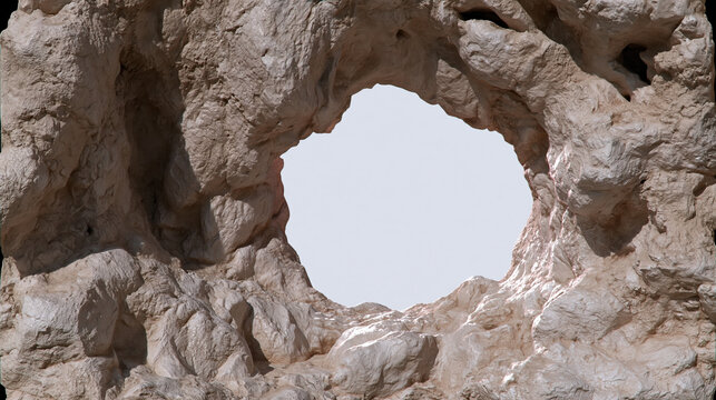 Rocky cave interior framing large irregular cave mouth with rugged texture and bright sky beyond, creating dramatic natural contrast