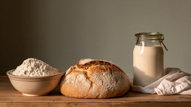 Rustic sourdough loaf cooling beside flour bowl and milk jar on wooden kitchen counter