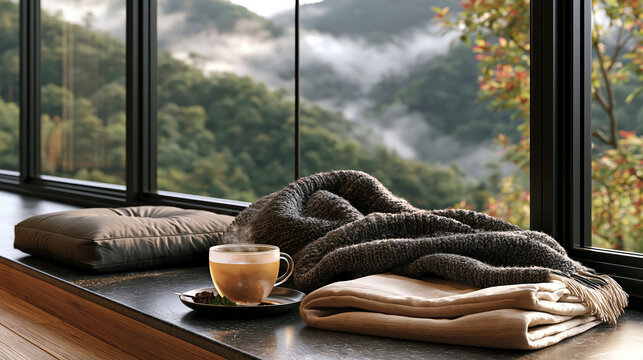 Serene mountain cabin interior with panoramic window, warm coffee, soft blanket, and misty forest landscape creating peaceful retreat