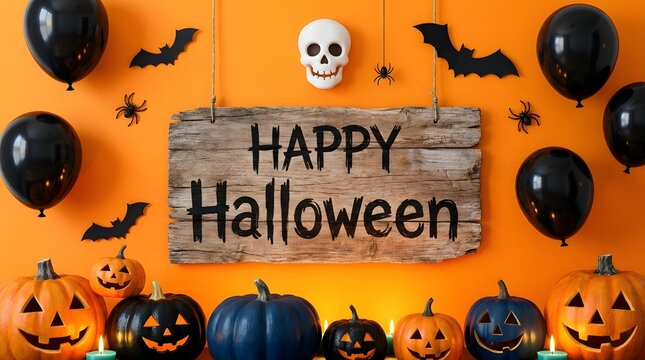Happy Halloween decoration background with wooden hanging sign, black balloons, skull, and pumpkins