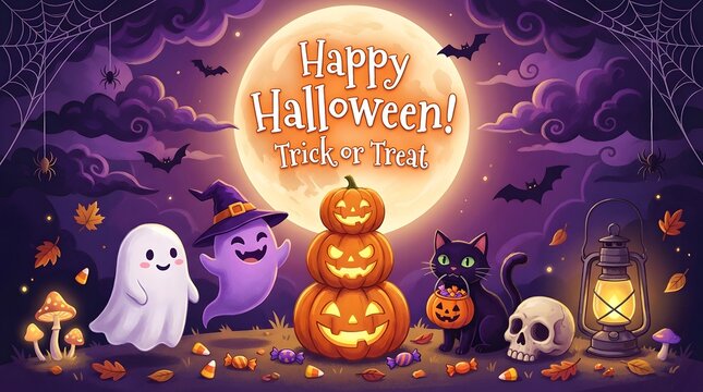 Happy Halloween trick or treat background with full moon, stacked pumpkins, cute ghosts, and black cat
