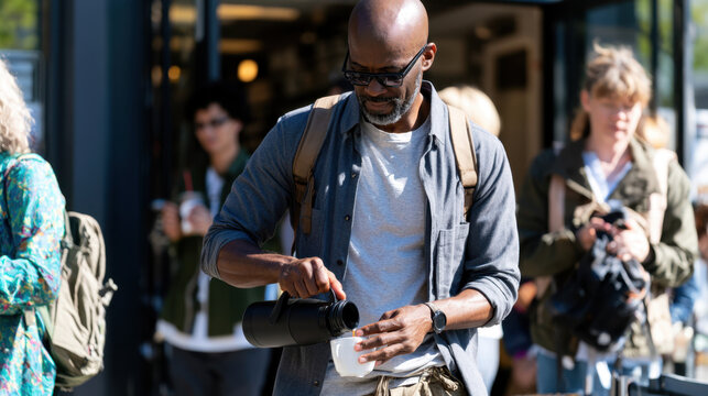 Young Black Man Sitting on Folding Chair Using Smartphone on Busy City Sidewalk