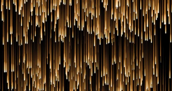 Shining gold pillars fall in black background with glow effect. 4K 3D rendering loop animation.