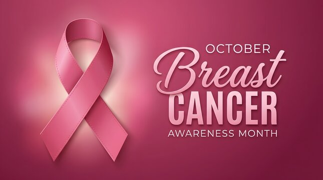October Breast Cancer Awareness Month dark pink background with pink ribbon and typography