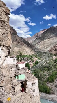 Zanskar, India : Panoramic footage of beautiful landscape of Lungnak valley where Phuktal gompa, cliffside monastery built in natural cave of Zanskar in Ladakh, India surrounded by arid mountain