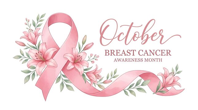 October Breast Cancer Awareness Month background with pink ribbon and watercolor flowers