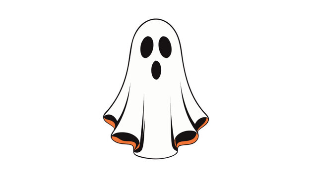 A cute ghost with big black eyes and an open mouth, wearing a white sheet with orange trim. The ghost is a classic symbol of Halloween and is often depicted as friendly or mischievous