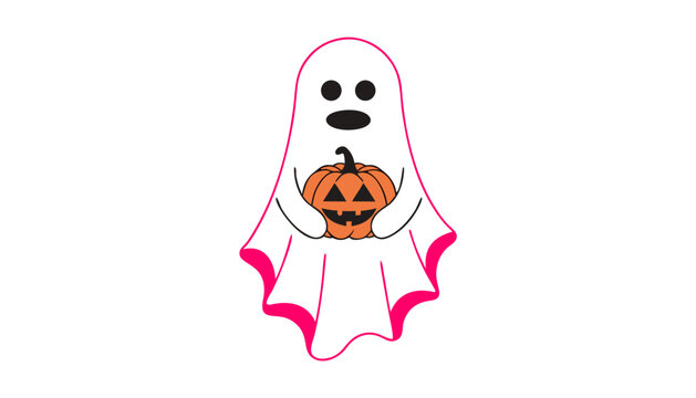 A cute ghost holding a carved pumpkin, ready for Halloween