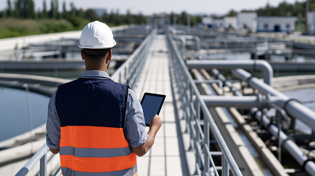 Technician monitoring modern water treatment system from elevated industrial walkway with focused attention and safety equipment
