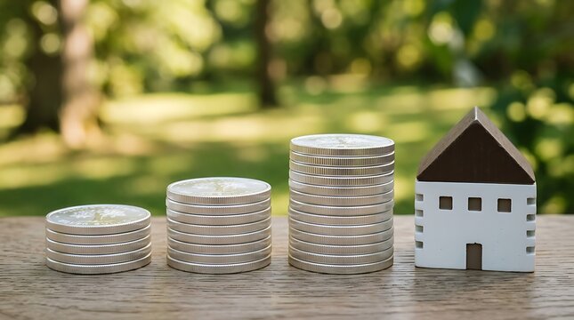 Stacked coins beside miniature house model on wooden table representing property investment savings and real estate financial planning concepts with soft green garden blurred background
