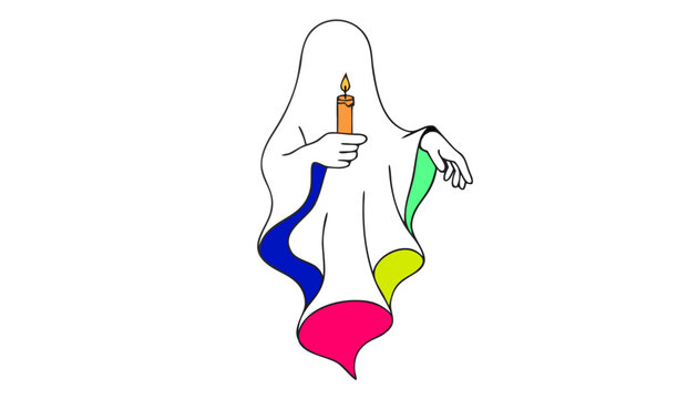 A stylized ghost holding a candle, with colorful fabric flowing from its bottom. The ghost figure is simplified with a flowing, draped form, and a single candle held in its hand.