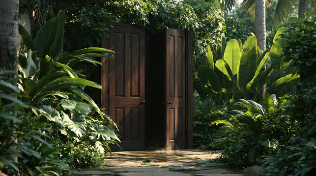 Tropical garden with dark wooden door surrounded by lush green foliage and warm sunlight, creating secluded outdoor entrance