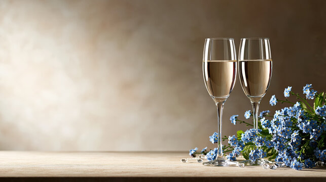 Two champagne glasses beside pale blue flower bouquet on rustic wooden table with soft light and elegant celebratory atmosphere