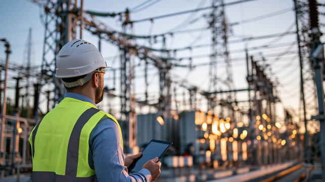 Utility engineer observing electrical substation with tablet during sunset, showing focused workplace safety and energy infrastructure inspection