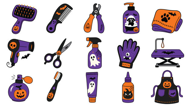 Halloween pet grooming tools set, funny spooky accessories for dogs and cats, vector illustration