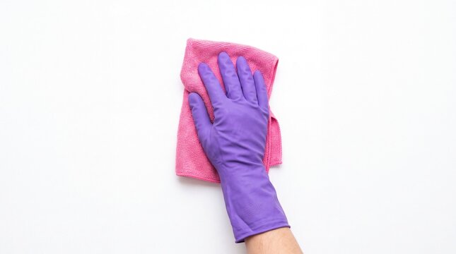 Hand wearing purple rubber glove holding pink microfiber cloth while cleaning smooth surface captured with bright lighting on white background