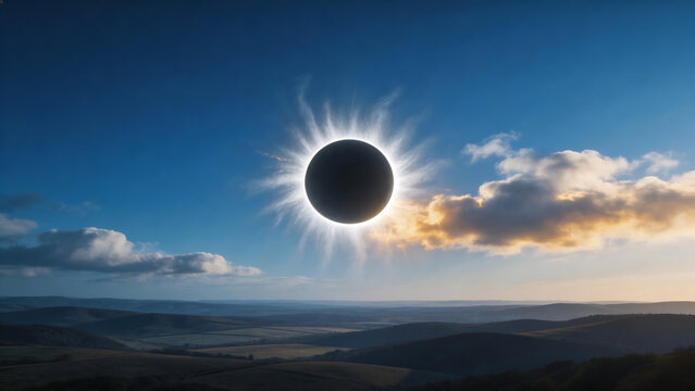 Solar eclipse over rolling hills