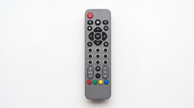 Universal television remote controller featuring numerous plastic buttons for electronic device media control presented in studio lighting on white background